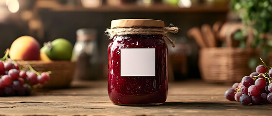 Delicious homemade grape jam in a glass jar with a wooden lid, surrounded by fresh grapes on a rustic wooden table.