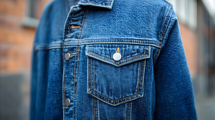Close-up of a stylish denim jacket with a classic design, perfect for casual outfits and everyday wear.