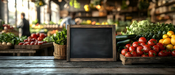 Fresh vegetables and fruits displayed on a rustic wooden table with a chalkboard for writing.
