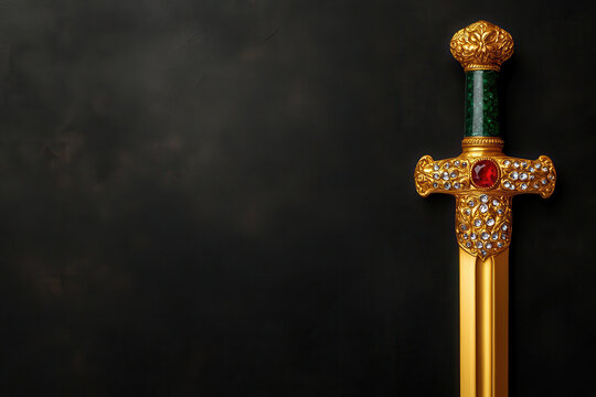 A close-up of a gold sword hilt encrusted with jewels, gold sword, weapon of power