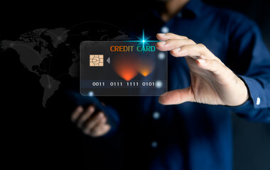  credit card used in everyday life in the hands of a businessman that can be connected to the bank's app worldwide on his mobile phone in business travel shopping Borderless online business concept,