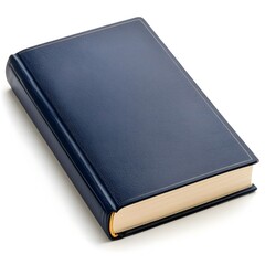 Dark blue hardcover book on white studio background