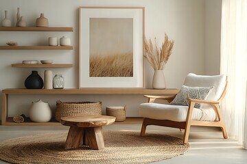 Minimalist Living Room with Open Shelves and  Round Rug.