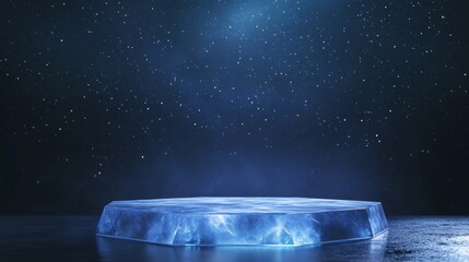 Futuristic Blue Hexagonal Glass Podium Set Against a Starry Night Background