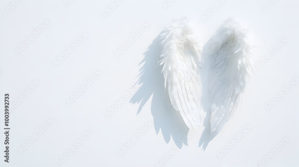 Poster Soft fluffy white angel wings set against a clean bright white backdrop creating delicate shadows and a serene ethereal atmosphere  The wings are gracefully angled