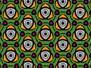 This vibrant and exotic fabric pattern features a bold design of stylized eyes in black, white, and orange, set against lively green background. The eye-catching motif is surrounded by abstract shape.