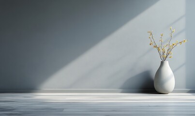 Minimalist White Vase Serene Room, Gray Wall  and Light Wood Floor