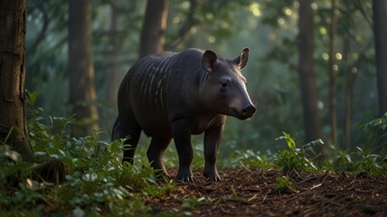 realistic illustration of a tapir in the forest, tapir is an endangered animal