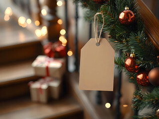 Festive Christmas decoration with a blank tag on the staircase adorned with lights and ornaments, creating a warm holiday atmosphere.