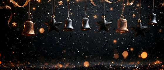 A festive background featuring bells and stars with sparkling lights, perfect for holiday celebrations.