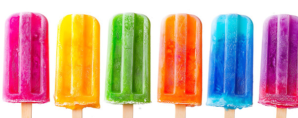A vibrant display of colorful summer popsicles in a variety of flavors, arranged neatly in a row against a white background