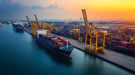 Naklejka premium Cargo Ship Docked at a Busy Container Terminal