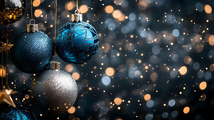 Beautiful Christmas ornaments on a dark background with sparkling lights, creating a festive and joyful holiday atmosphere.