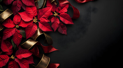 Vibrant red poinsettias decorated with golden ribbons on a dark background, perfect for holiday themes and festive decorations.