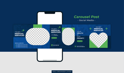 Medical healthcare carousel square layout social media post set © Vedalosky