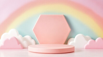 Fototapeta premium Vibrant Pink Hexagonal Ceramic Podium Set Against a Fun Pastel Rainbow Background