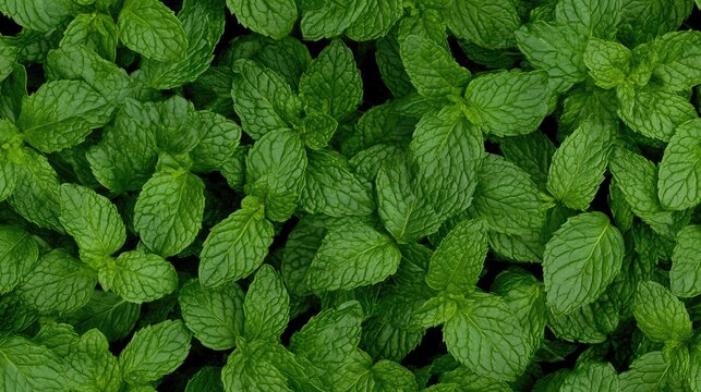 A collection of fresh green mint leaves layered over a natural backdrop, highlighting their rich textures and vivid hues, perfect for culinary or botanical uses SEAMLESS PATTERN