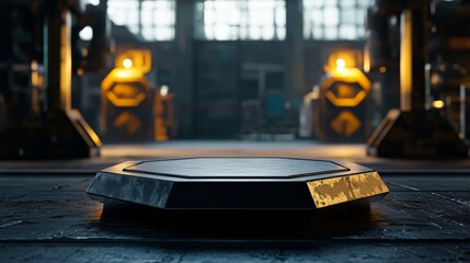 Industrial Matte Black Pentagonal Steel Podium Set in a Factory Environment