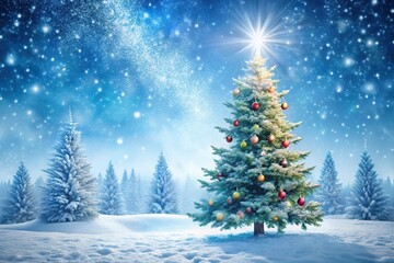 Winter landscape with festive Christmas tree and snowflakes