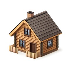Isometric Wooden Cottage with Detailed Roof and Windows on White Background