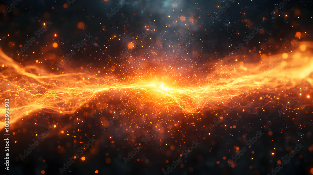 Wall mural vibrant orange energy burst with sparkling particles on a dark background, conveying power and dynam