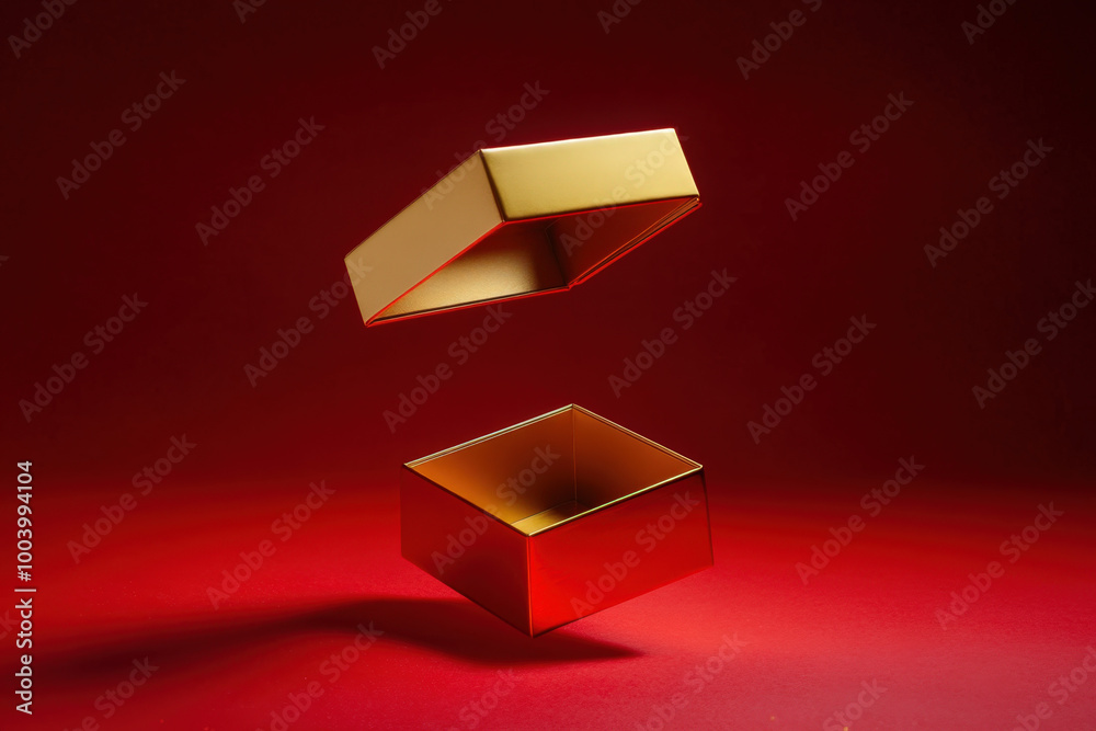 Wall mural elegant golden gift box is floating on a red background with its lid open