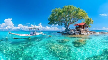 Fototapeta premium Stunning panoramic view of a picturesque tropical island with crystal clear turquoise waters white sandy beaches and lush green foliage