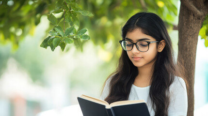 Fototapeta premium Young Woman Reading Book Under Green Tree in Daylight