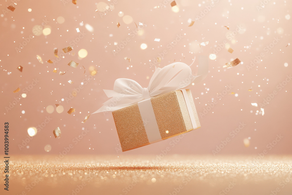 Wall mural golden gift box with a white ribbon is floating on a sparkling background with falling confetti