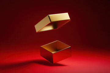 Empty golden gift box floating on a red background is giving a sense of luxury and elegance