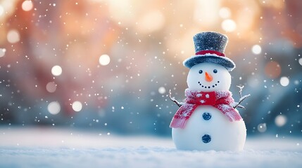 Snowman with Black Top Hat and Red Scarf in Snowy Landscape