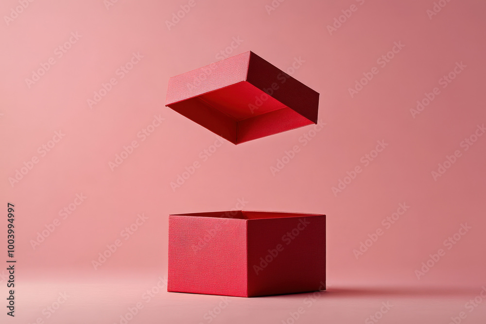 Wall mural red gift box with its lid floating above it, casting a subtle shadow on the pink background