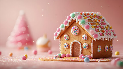 A charming gingerbread house adorned with colorful icing and candies, set against a soft, festive backdrop.