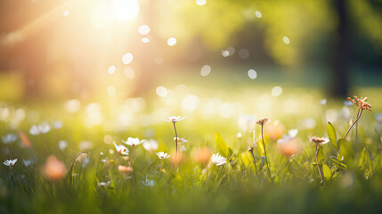 Obraz premium Springtime idyll nature background with beautiful sunbeams
