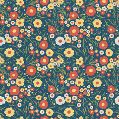 A vibrant floral background in the retro hippie style, a seamless floral boho pattern, red, yellow and orange flowers on a blue, textured background 