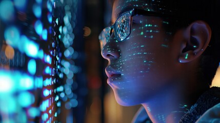 A teenager looking through a digital window (screen) into a world of code and cyber activity, representing the gateway to digital literacy and the barriers faced by those without access.