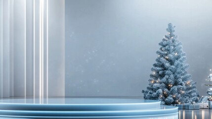 Sleek blue frosted glass pentagonal podium set on a silver background, minimalist holiday theme