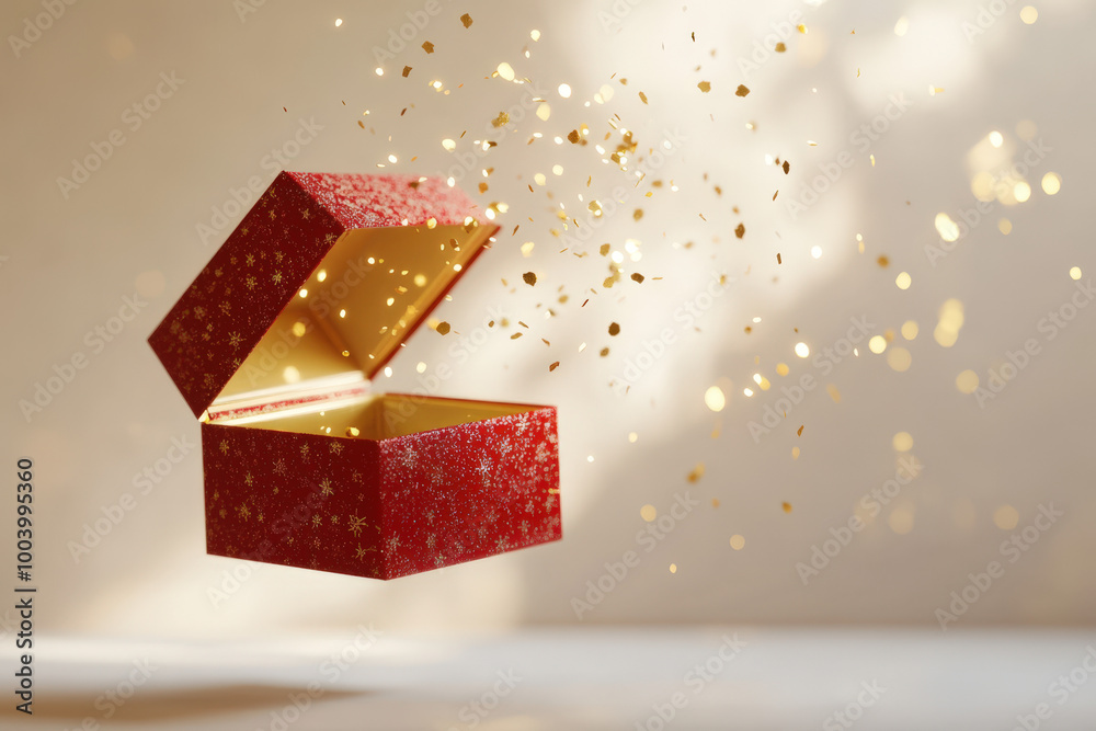 Wall mural opened red gift box with gold snowflake patterns is floating and releasing golden confetti