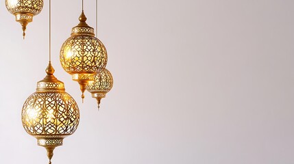 3D render of a white hanging lantern with golden and pastel details, hanging on the wall, decorated for Ramadan, casting beautiful shadows on a blank background