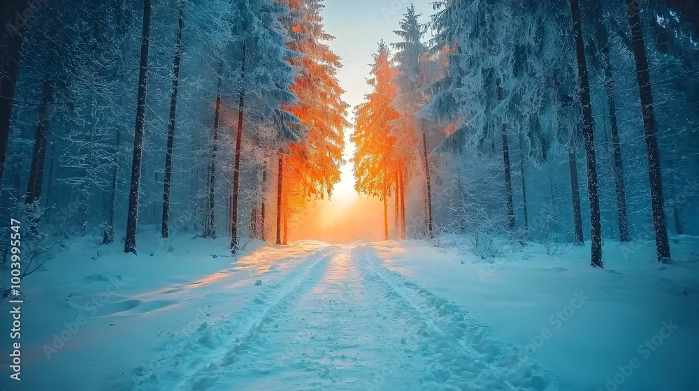 Poster sunlight filters through the snow covered trees illuminating a tranquil forest trail winding through