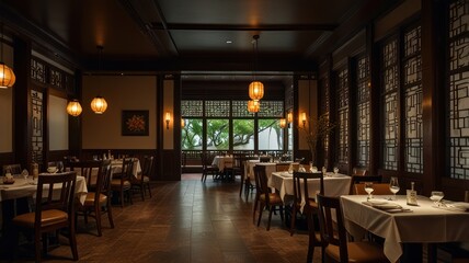 A dimly lit restaurant with traditional Chinese decor, featuring ornate wooden panels, paper lanterns, and white tablecloths. The interior offers a view of a lush garden through large windows.