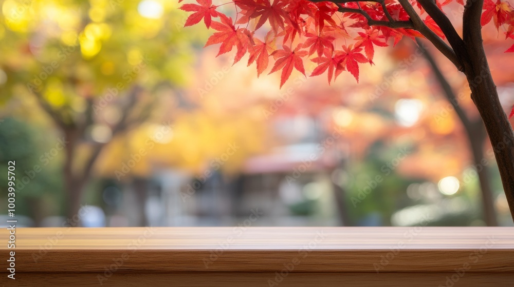 Poster empty wood table with blurred autumn leaves background