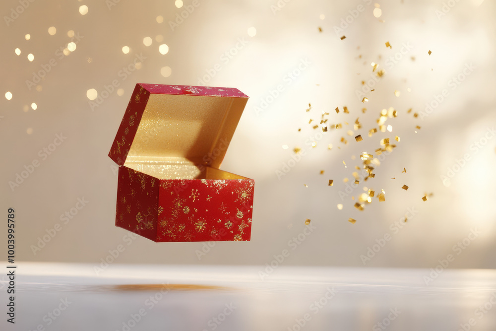 Wall mural red open gift box floating with gold confetti on a light background with bokeh