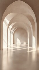 A modern minimalist hallway with arched entrances.