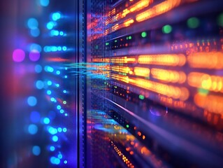 Server rack with glowing lights and data streams.