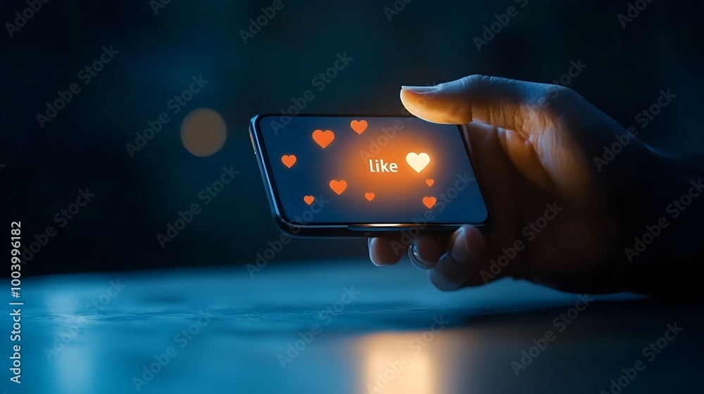 Poster The image depicts a hand emerging from a phone screen handing out a glowing  like  symbol in a dark and dimly lit room