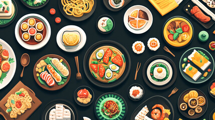 An array of food icons showcasing different cuisines and dishes, perfect for food blogs and culinary projects.