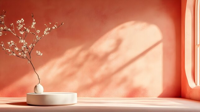 3D studio room with an earthy terracotta background minimalist floor and wall design a clean lined product podium that is illuminated by natural sunlight from a window