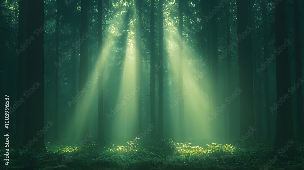 Aufkleber tranquil misty pine forest with sunlight beams filtering through the lush greenery and towering tree