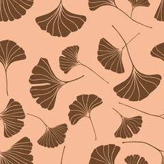 A seamless pattern of ginkgo leaves in dark gold color, a variation of hand-drawn ginkgo leaves, an elegant botanical peach fuzz background 